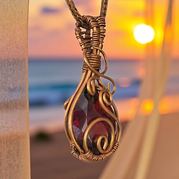Boho Chic Genuine Garnet Copper Wire Wrapped Pendant Statement Necklace - Picture 9 of 13